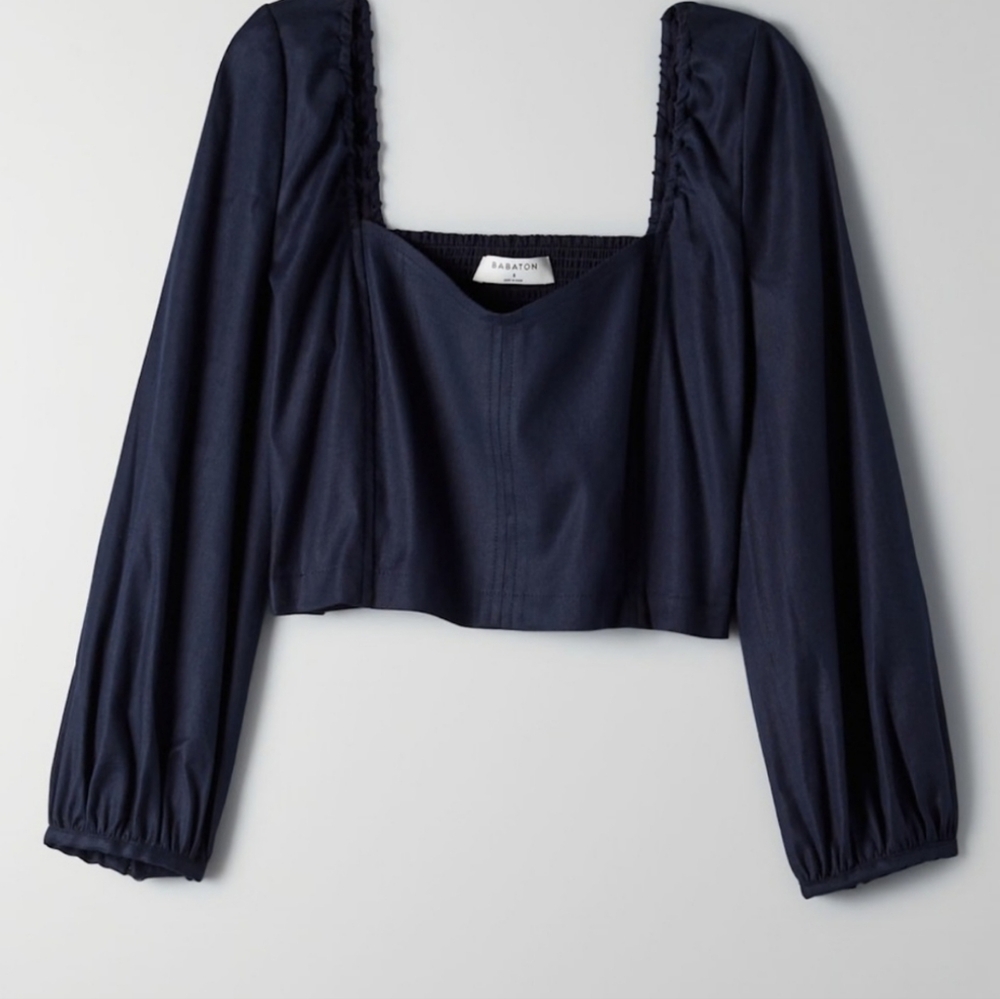 Babaton Hadwyn Navy Crop Top Puff Sleeve Linen Blend Smocked Back Xs